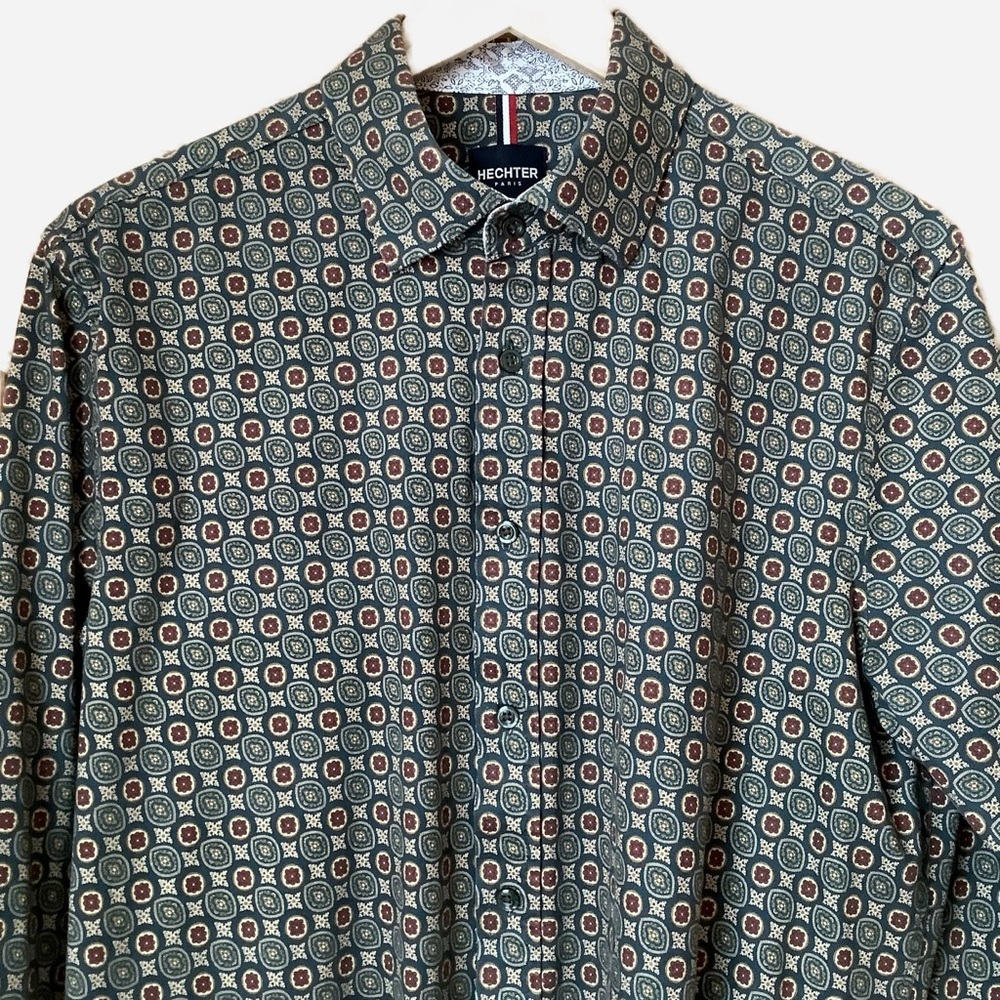 Daniel Hechter Paris Teal Geometric Printed 100% Cotton Shirt Size L